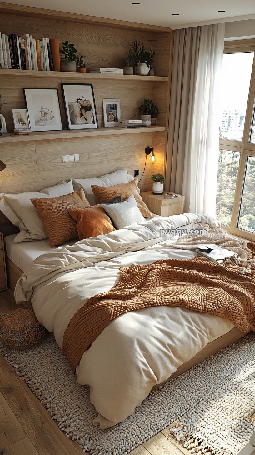 A cozy bedroom with a double bed featuring white and brown bedding, decorative pillows, and a textured throw blanket. Wooden shelving above the bed holds books, framed pictures, and potted plants. A large window with sheer curtains allows natural light to fill the room.