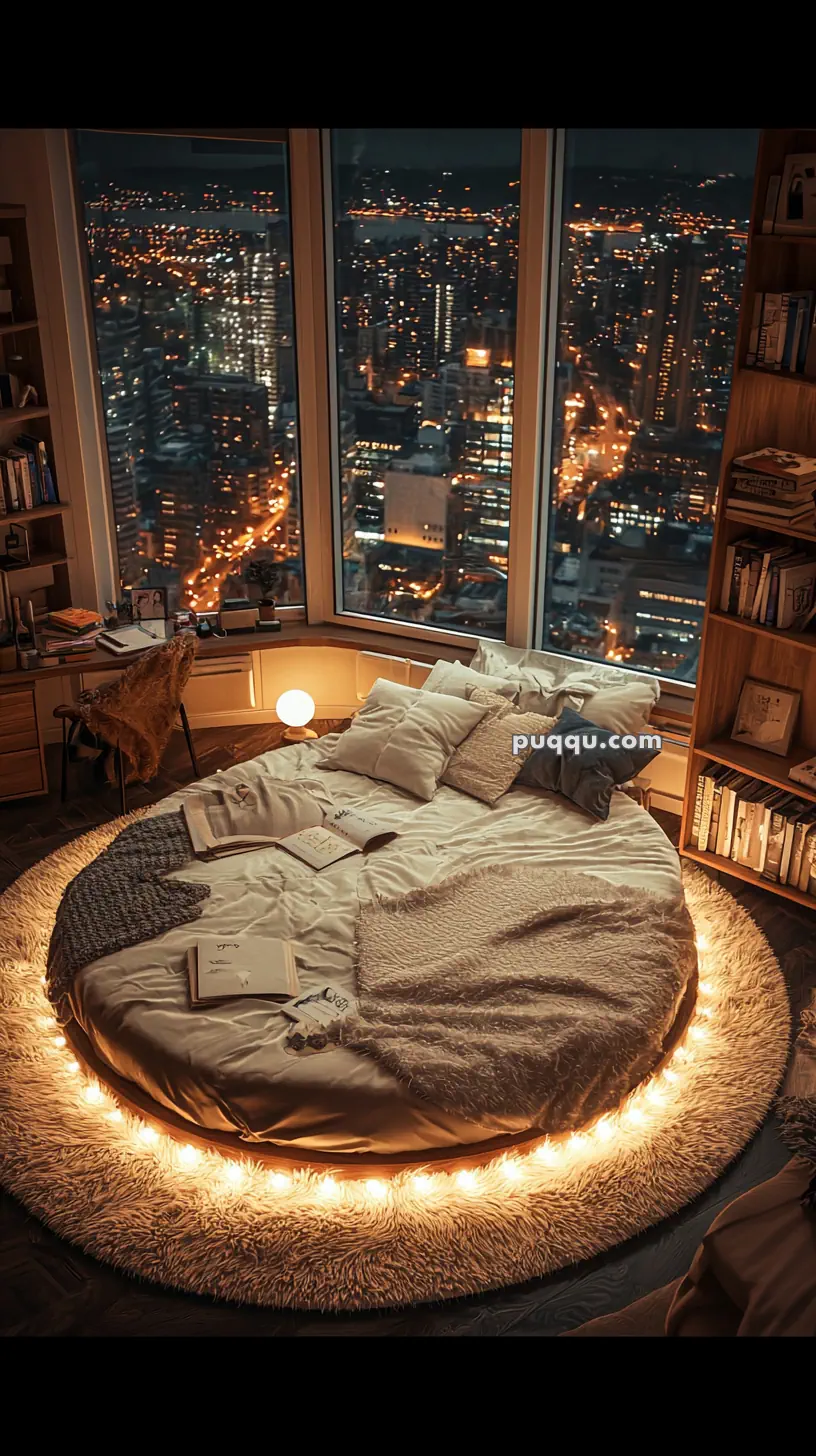 Cozy bedroom with a round bed surrounded by soft lighting, overlooking a cityscape through large windows at night.