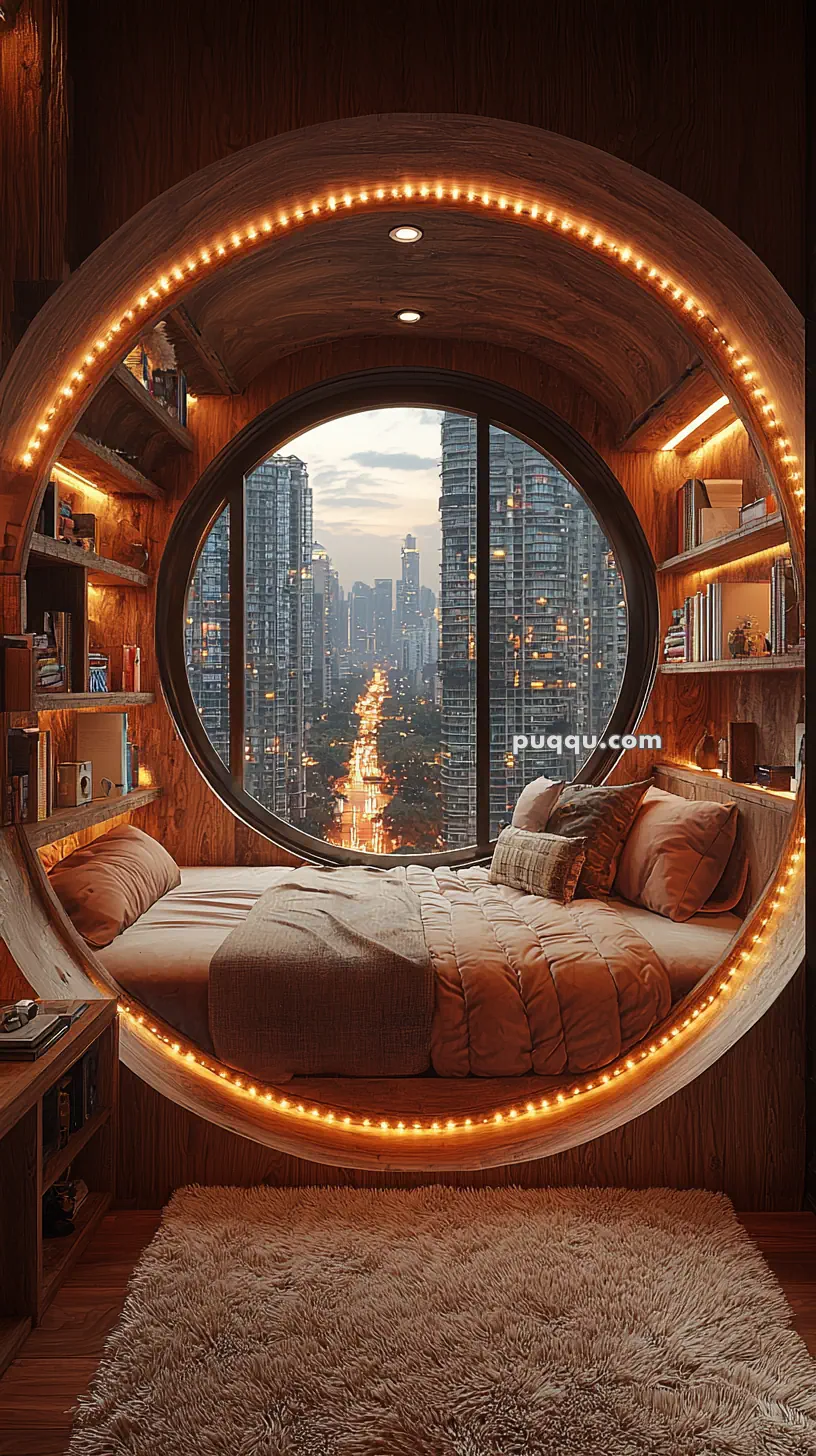 A cozy, circular sleeping nook with a large round window offering a view of a city skyline. The nook is lit with warm LED lights and has bedding and pillows inside, surrounded by bookshelves on either side containing books and decorative items. A plush rug covers the floor in front of the nook.