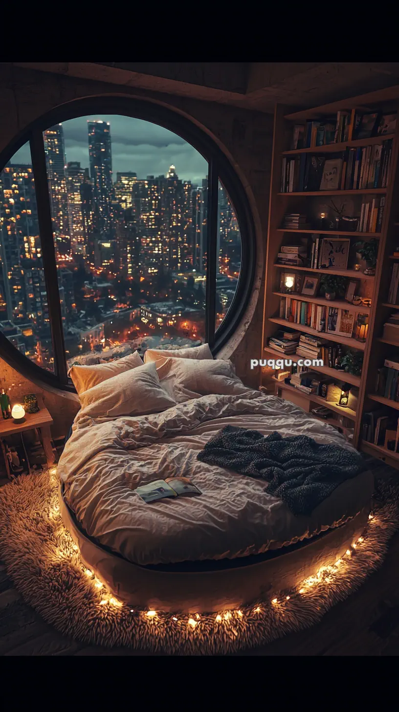 A cozy bedroom with a large round window offering a view of a city skyline at dusk. The room features a round bed with cozy bedding and string lights beneath, a plush rug, and a bookcase filled with books and decorative items. The warm ambient lighting adds to the inviting atmosphere.