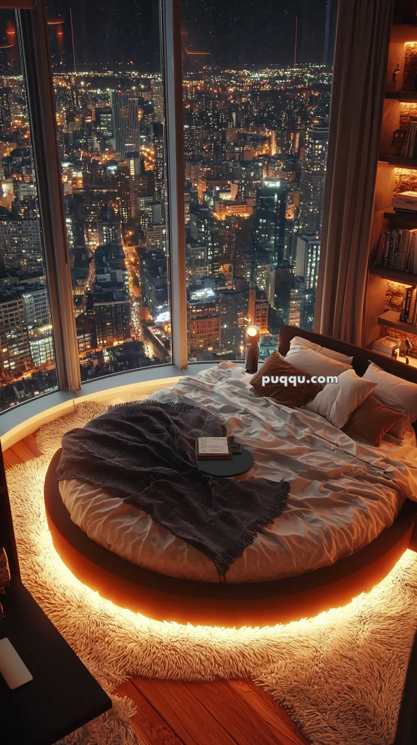 A luxurious bedroom with a large round bed and warm lighting under the bed, overlooking a vibrant city skyline at night through floor-to-ceiling windows.