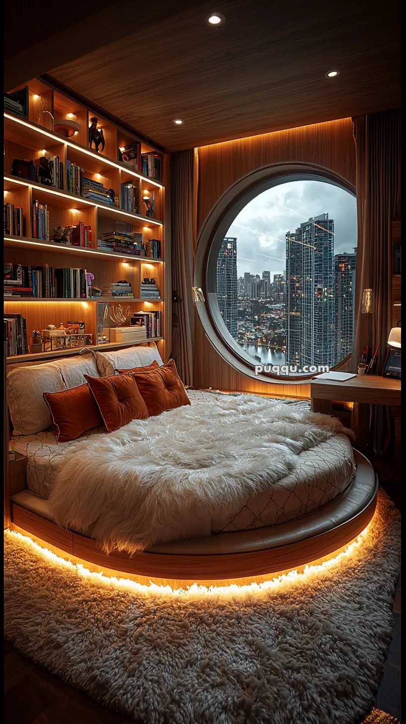 A cozy, modern bedroom with a circular window overlooking a cityscape. The room features a round bed with a fluffy white cover and orange pillows, surrounded by warm, ambient lighting. Built-in bookshelves filled with books and decorative items line the walls, and the bed appears to be part of a custom wooden platform with soft lighting underneath.