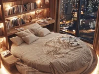 A cozy bedroom with a round bed covered in soft beige linens, surrounded by a circular illuminated fringe and fluffy rug, featuring wooden shelves filled with books and decor against a large window showing a city skyline at night.