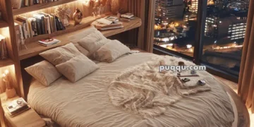 A cozy bedroom with a round bed covered in soft beige linens, surrounded by a circular illuminated fringe and fluffy rug, featuring wooden shelves filled with books and decor against a large window showing a city skyline at night.