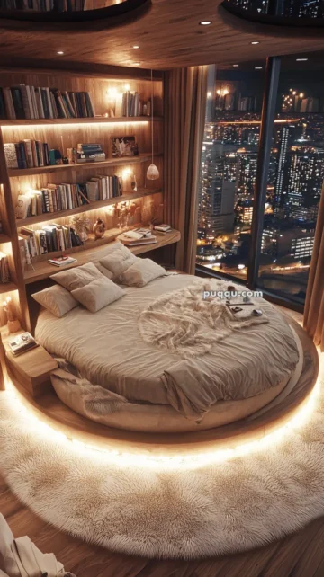 A cozy bedroom with a round bed covered in soft beige linens, surrounded by a circular illuminated fringe and fluffy rug, featuring wooden shelves filled with books and decor against a large window showing a city skyline at night.