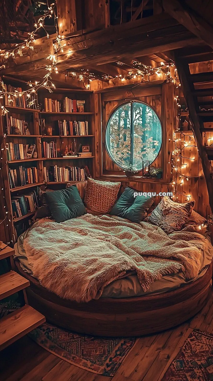 Cozy room with a round bed covered in pillows and a fluffy blanket, surrounded by a wooden bookshelf filled with books and decorated with string lights, featuring a circular window displaying a view of trees outside.