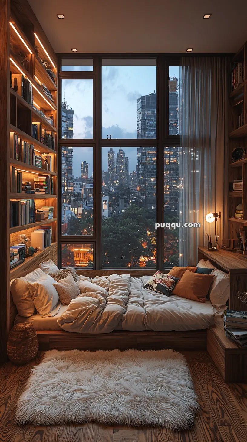 A cozy bedroom with a large window view of a cityscape. The room features a built-in bed surrounded by plush pillows and blankets, flanked by wooden bookshelves filled with books. A soft, fluffy rug is on the wooden floor, and warm lighting creates an inviting atmosphere.