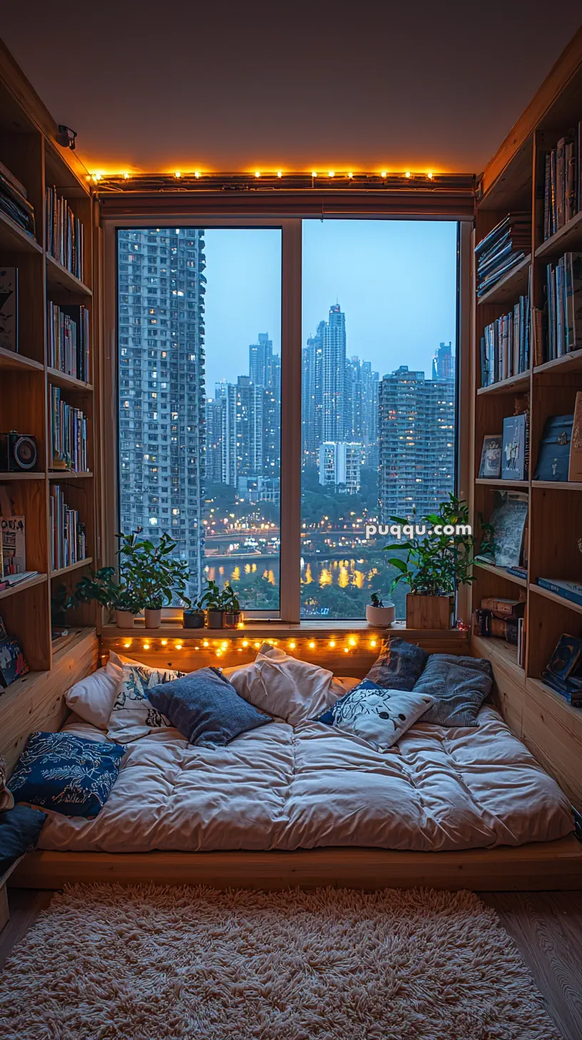 Cozy room with a bed surrounded by bookshelves, lit with string lights, and overlooking a cityscape through a large window.