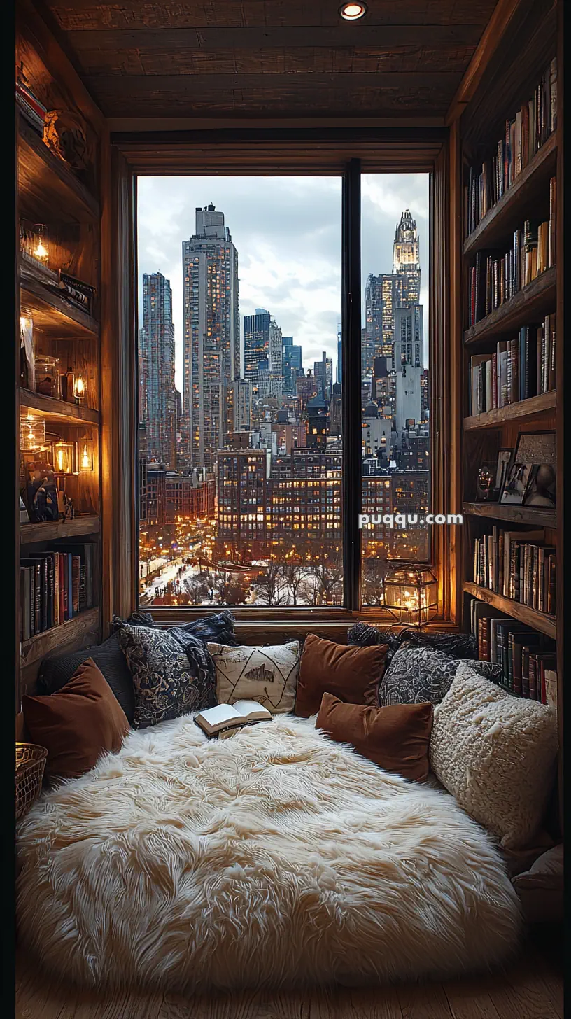 A cozy reading nook with a fluffy white blanket and pillows in front of a large window overlooking a cityscape with tall buildings and a cloudy sky. Shelves filled with books line the walls, and warm lighting creates a comfortable atmosphere.