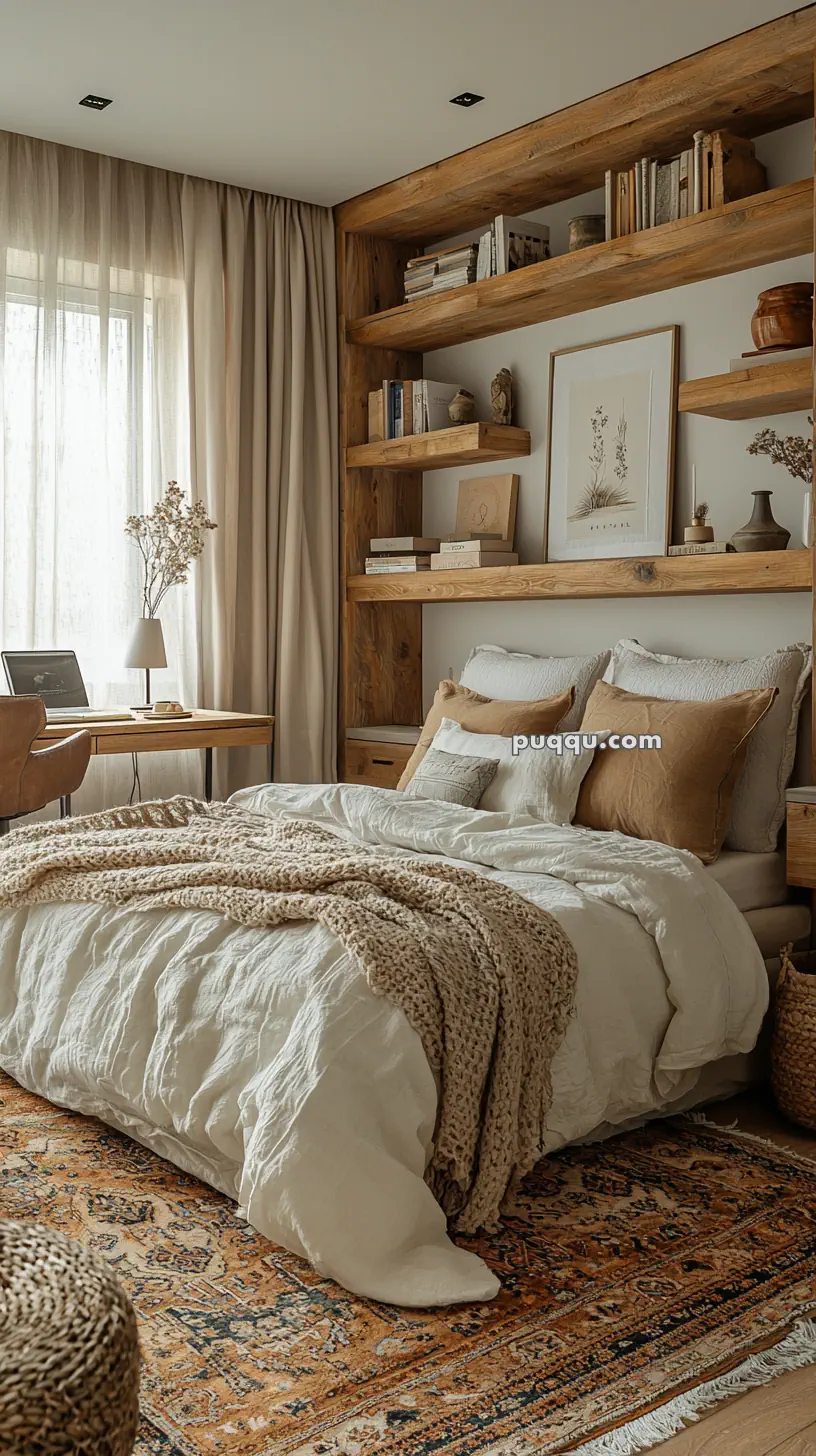 Cozy bedroom with a neutral color palette, featuring a bed with white linens and beige pillows, a knitted throw, wooden shelves with books and decor, a wooden desk and chair by a window with sheer curtains, and a patterned rug on the floor.