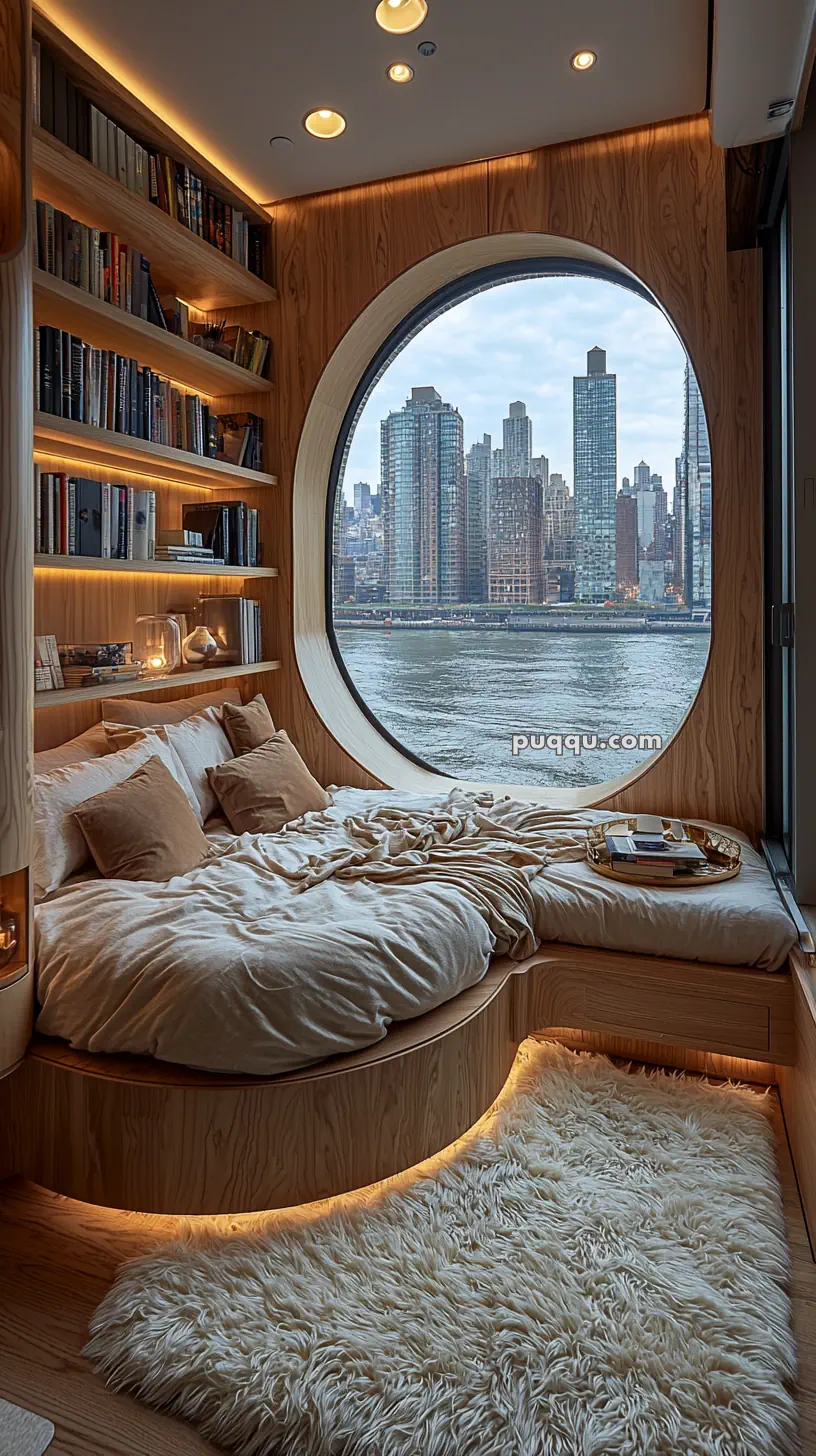 A cozy bedroom with wooden decor featuring a circular window overlooking a city skyline. The room includes a bed with light-colored bedding, shelves filled with books, and a fluffy white rug on the floor.