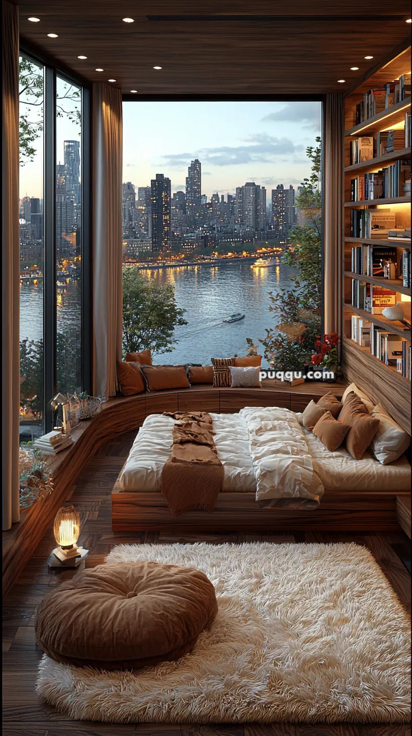 A cozy bedroom with a large window view of a city skyline and river. The room features a bed with pillows and a blanket, a wooden bookshelf with books, and a fluffy white rug on the floor. Warm lighting enhances the inviting atmosphere.