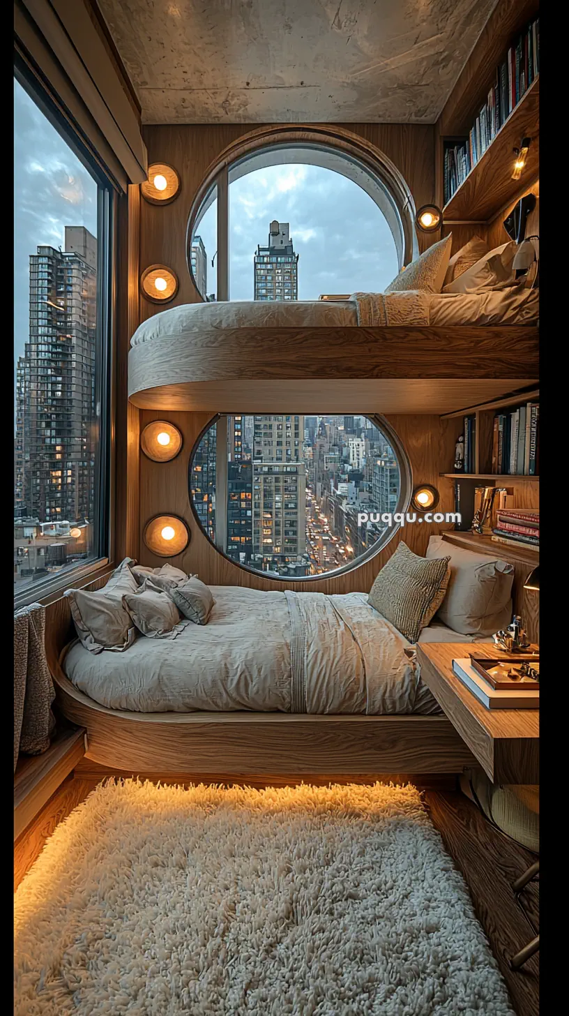 A cozy bedroom with a bunk bed setup, featuring circular windows with city views, wooden walls, a bookshelf full of books, and warm lighting. The room includes a plush carpet and a small desk with books and decorative items.