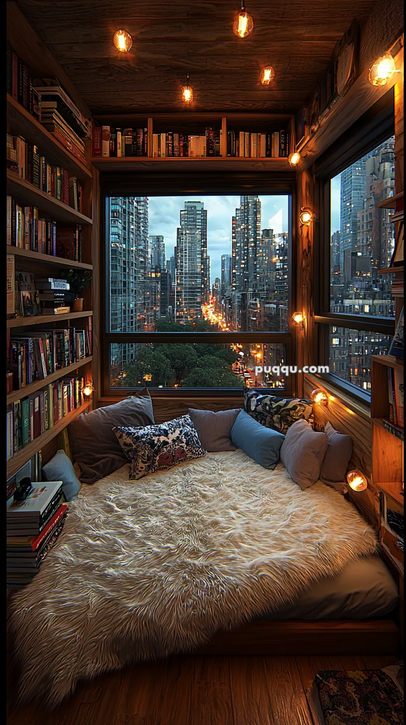 A cozy reading nook with a soft, furry blanket and pillows, surrounded by shelves filled with books and small warm lights. The large window offers a stunning view of a cityscape with tall buildings and an illuminated street below.