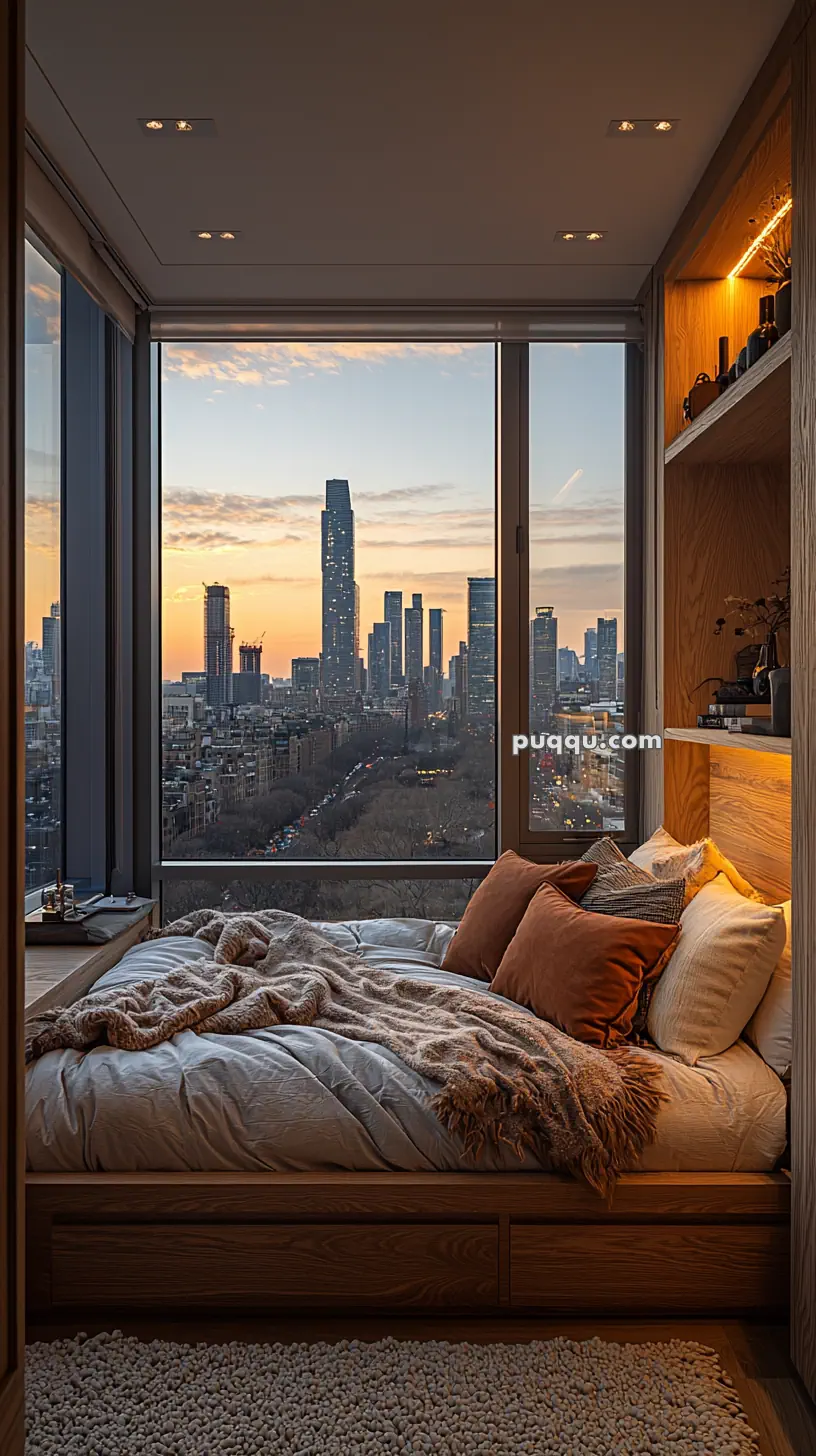 A cozy bedroom with a large window view overlooking a city skyline at sunset. The bed is adorned with plush pillows and a soft blanket, and there's a lit shelf with decor items on the right side of the room.