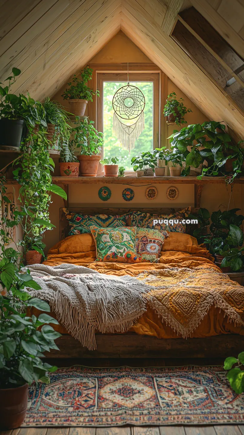 A cozy attic bedroom featuring a bed with vibrant pillows and a mustard-colored blanket, surrounded by lush green plants. A window above the bed is adorned with a dreamcatcher, and decorative plates hang on the wall. A patterned rug lies on the wooden floor.