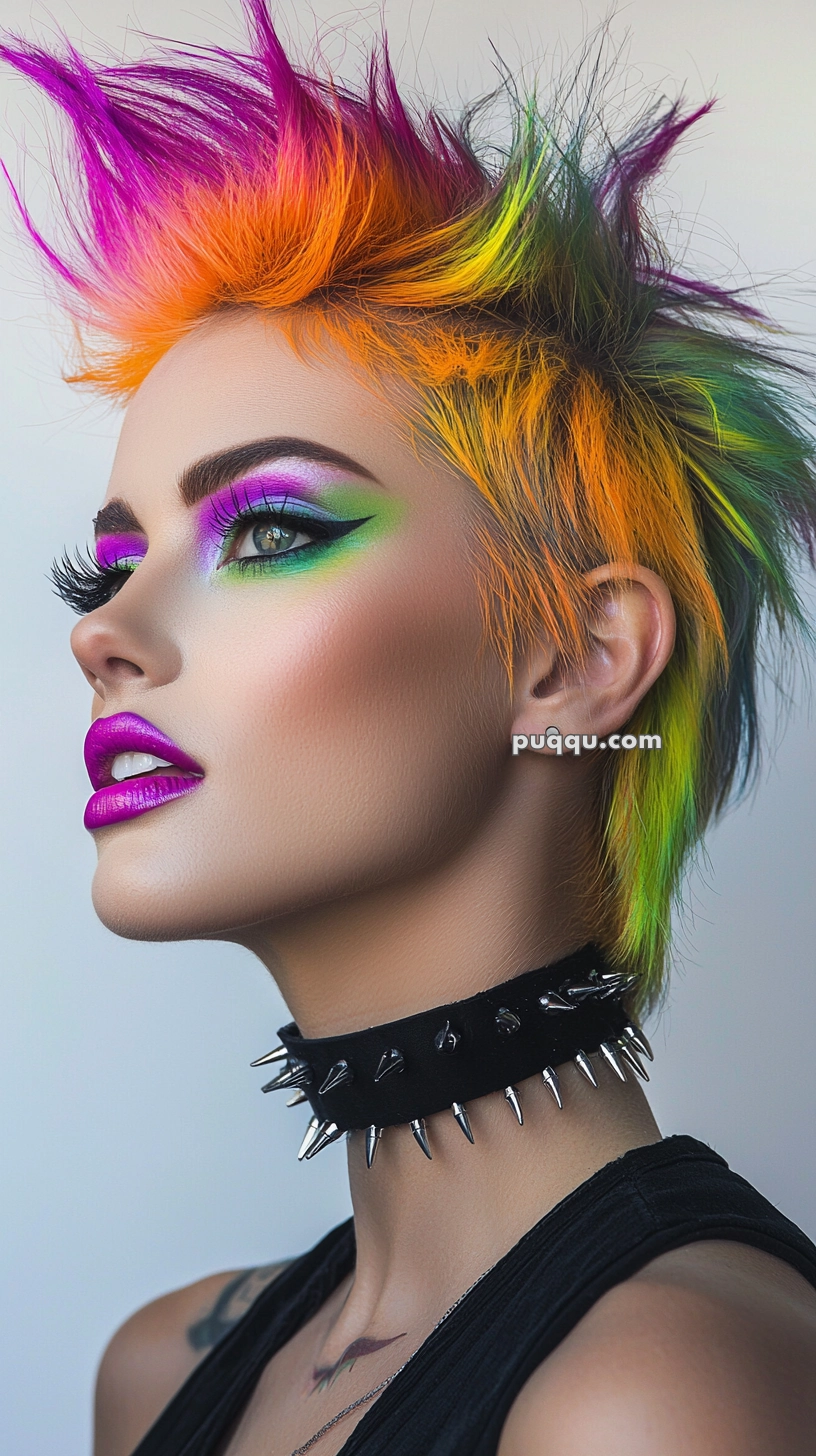 A person with vivid, colorful spiked hair in shades of orange, pink, purple, and green. They are wearing dramatic makeup featuring green and purple eyeshadow, winged eyeliner, bright pink lipstick, and a black choker with silver spikes.