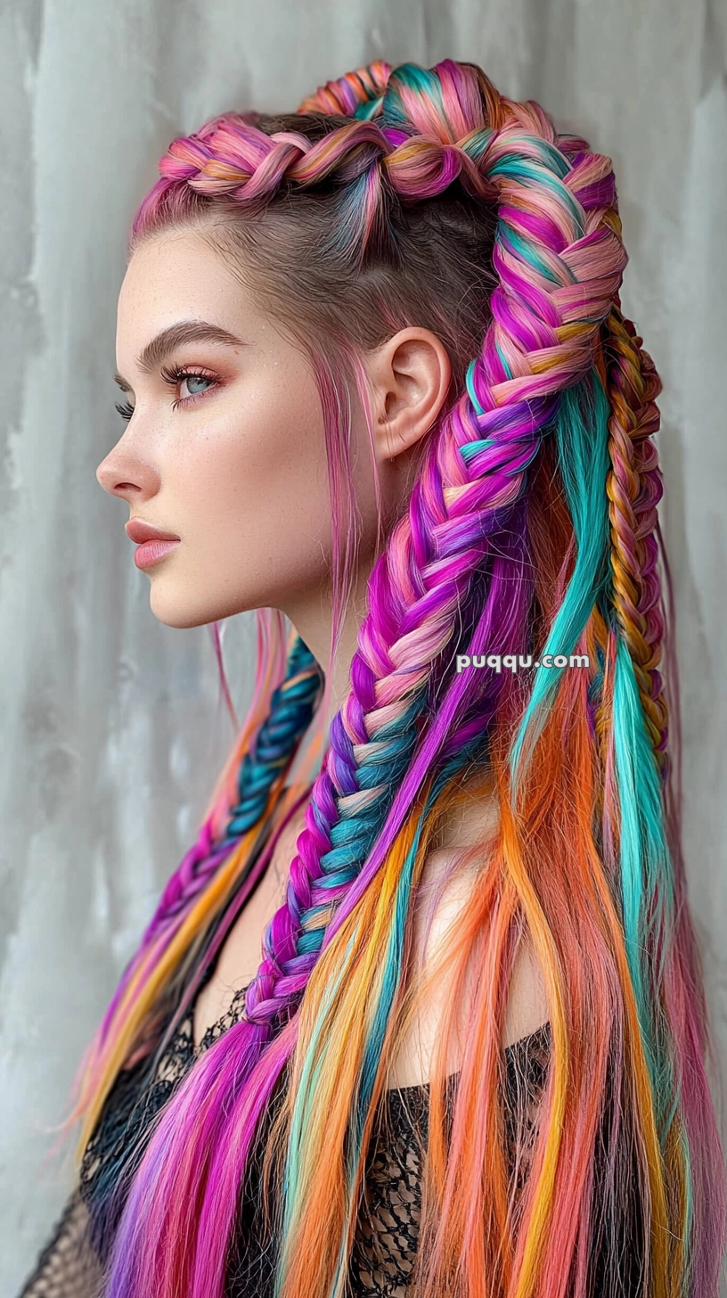 A person with long, intricately braided hair dyed in vibrant shades of pink, purple, blue, and orange, styled in a large braid that arcs over the head and cascades down the side.