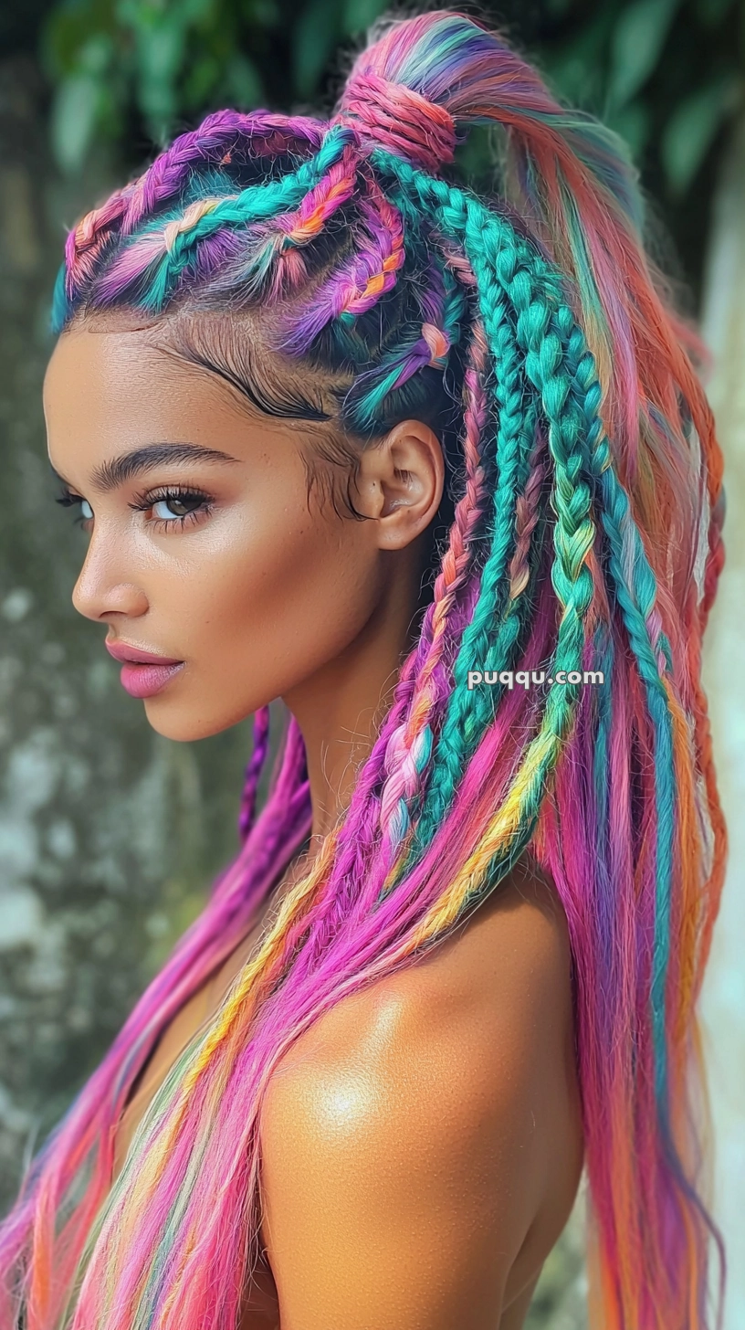 A person with long, colorful braided hair featuring shades of pink, purple, teal, and orange, styled into numerous braids cascading down their back. The image highlights the intricate hairstyle and the vivid colors against a blurred natural background.