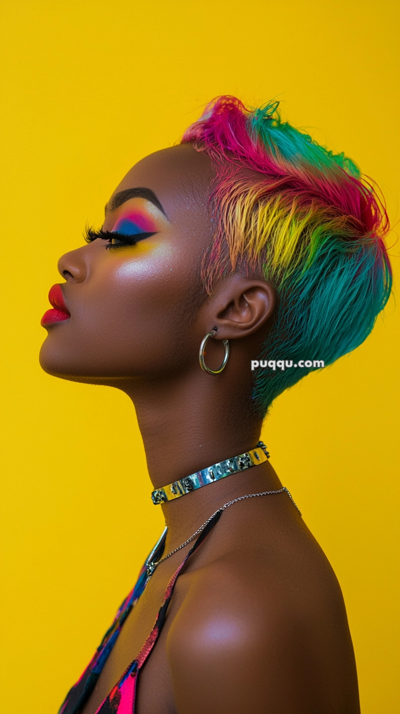 Profile of a person with vibrant, multi-colored short hair, wearing bold rainbow-themed makeup, hoop earrings, and a decorative choker, set against a bright yellow background.