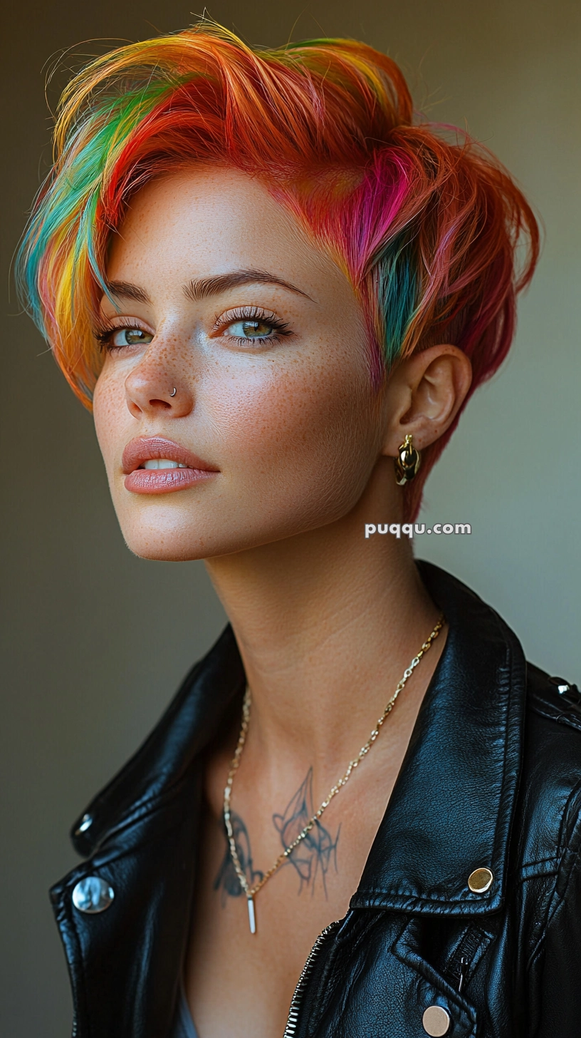 Person with vibrant multi-colored hair, freckles, and a nose piercing, wearing a black leather jacket and gold jewelry.