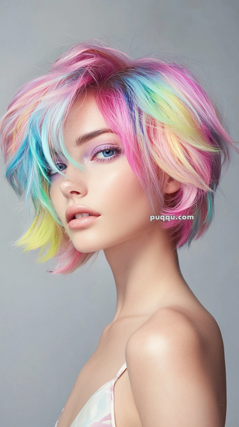 A person with short, colorful rainbow hair and makeup, wearing a thin-strapped top, looking to the side against a plain background.