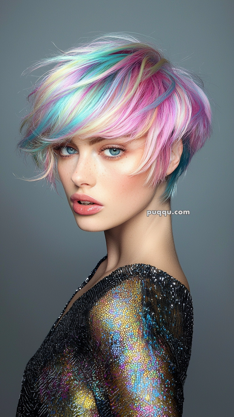 A person with short, vibrant rainbow-colored hair, wearing a shimmering, iridescent top with a mosaic-like pattern, set against a plain gray background.