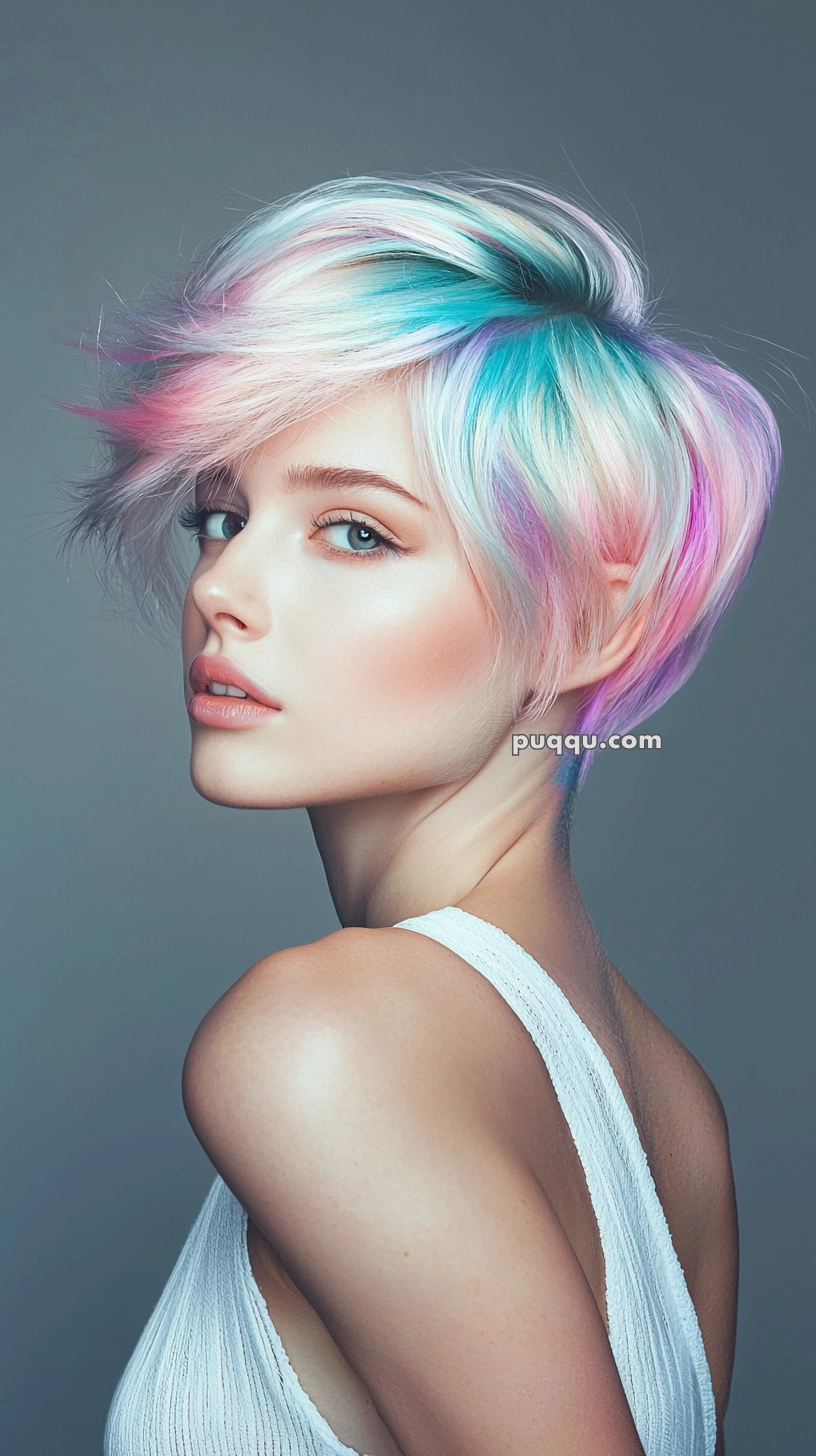 Person with short, pastel-colored hair featuring shades of blue, pink, and purple, wearing a white sleeveless top, looking over their shoulder against a gray background.