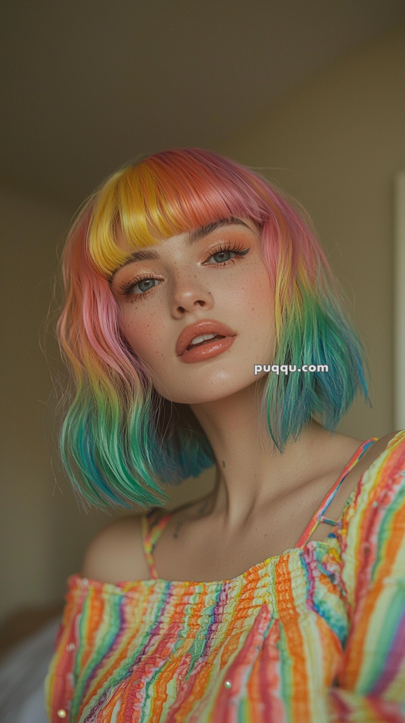 A person with a bob haircut dyed in rainbow colors, wearing a colorful striped top, gazing towards the camera.