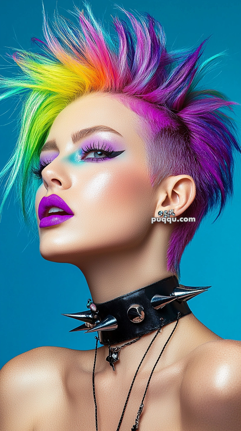 A person with rainbow-colored spiked hair, vibrant makeup, and a black spiked choker against a blue background.