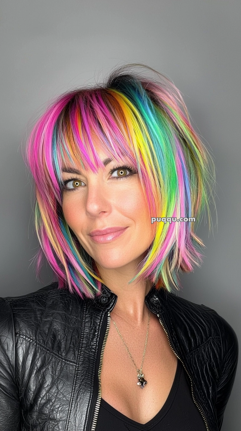 A person with a short bob hairstyle, featuring vibrant rainbow colors, is wearing a black leather jacket and a necklace with a pendant. The background is plain gray.