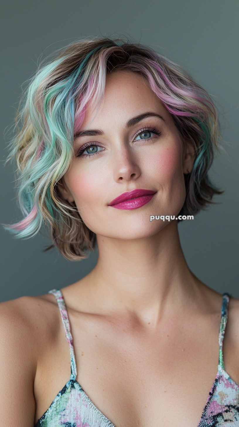 A person with short, multi-colored hair and bright pink lipstick, wearing a patterned top against a neutral background.
