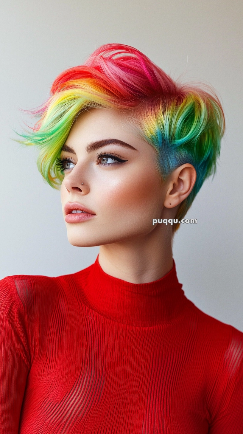 A person with short, rainbow-colored hair and a nose piercing, wearing a red textured top, looking off to the side against a neutral background.