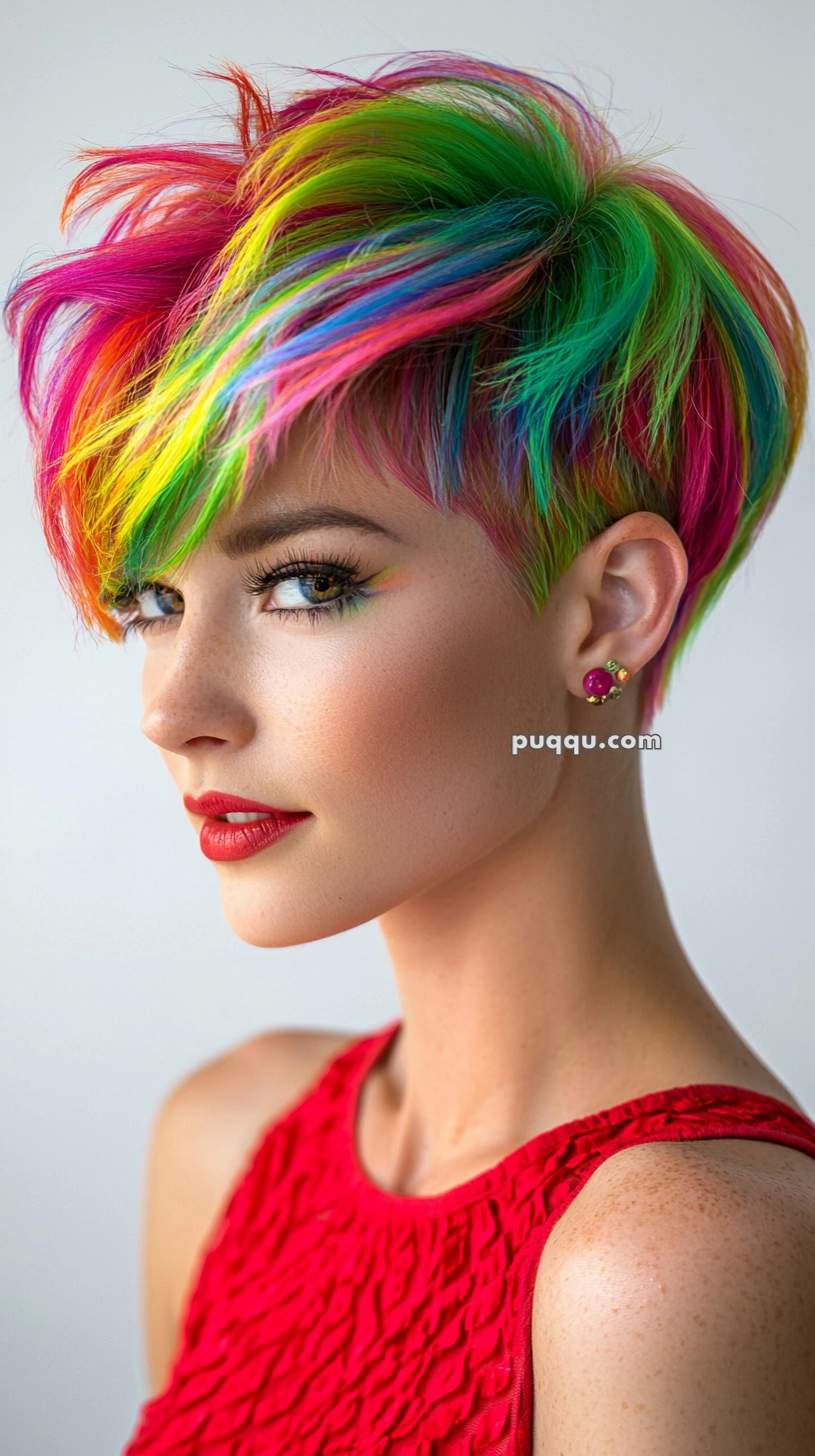 Person with vibrant rainbow-colored short hair, wearing a red textured top, with red lipstick and colorful eye makeup.