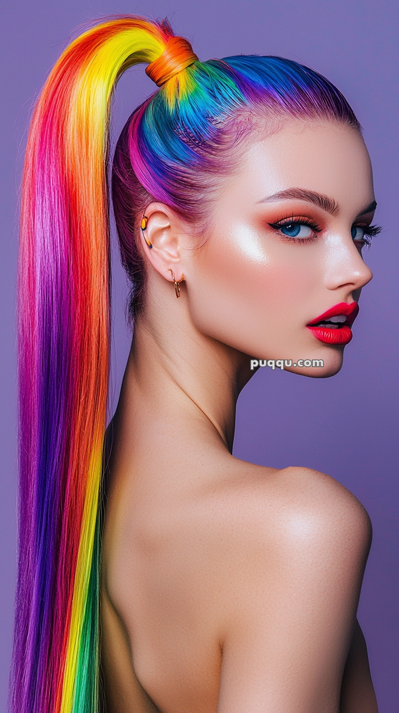 A person with long, straight, rainbow-colored hair styled in a high ponytail, against a purple background.