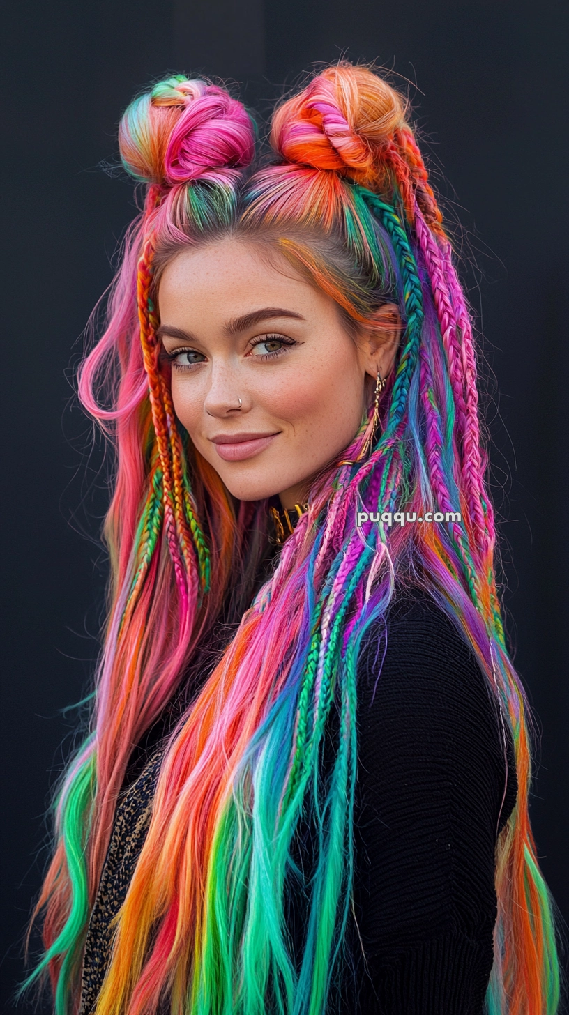 Person with long, vibrant rainbow-colored braided hair styled in two top buns, wearing a black garment.