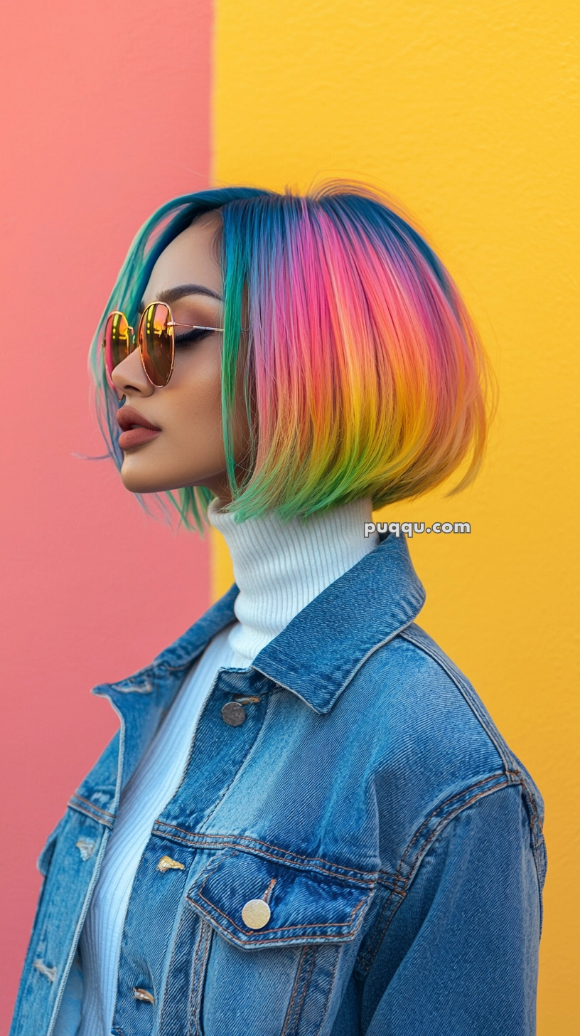 A person with short, rainbow-colored hair wearing sunglasses, a white turtleneck, and a denim jacket stands against a colorful pink and yellow background.