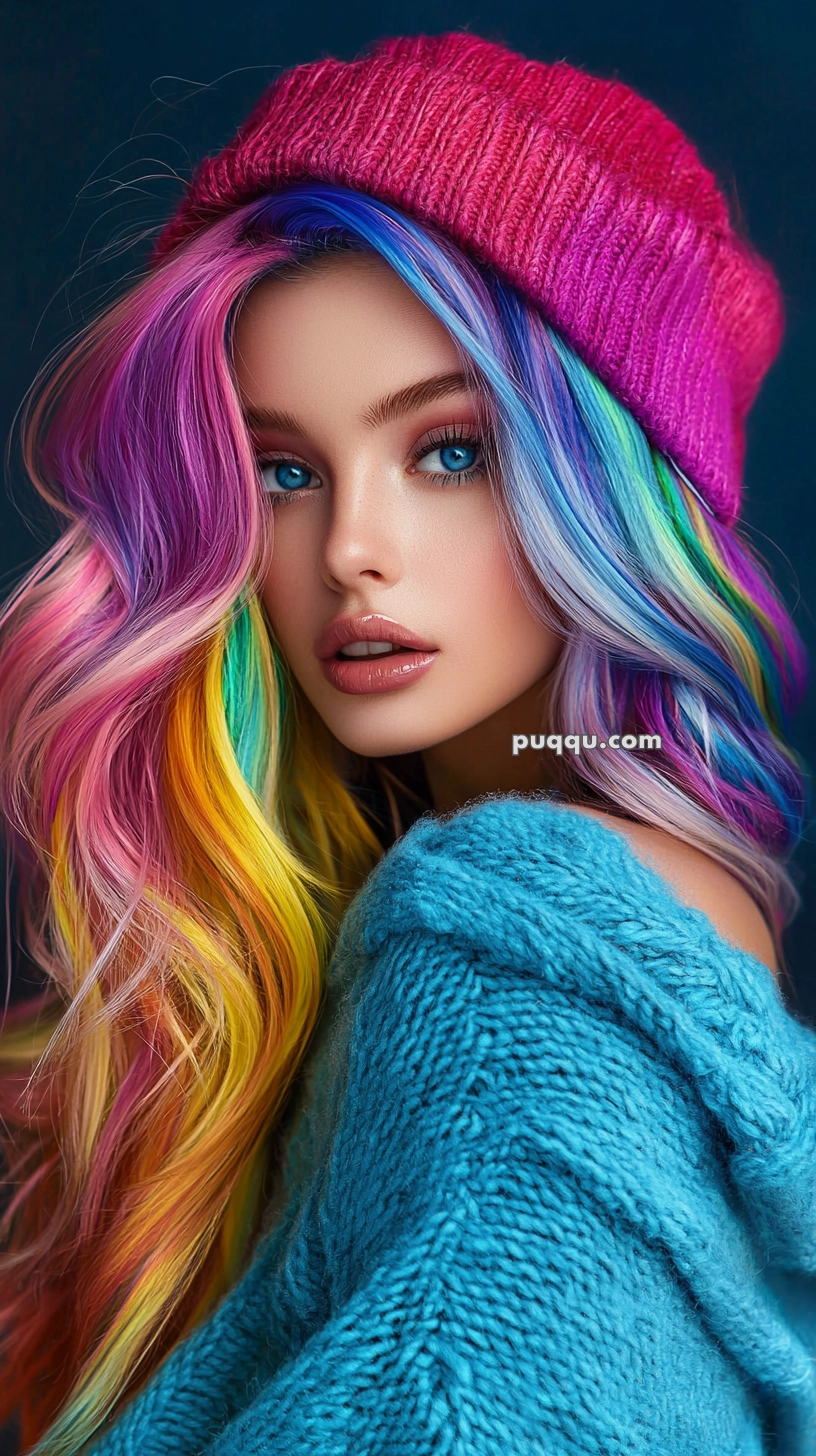 A person with vibrant rainbow-colored hair and blue eyes, wearing a pink knit beanie and a blue sweater, gazes into the camera.