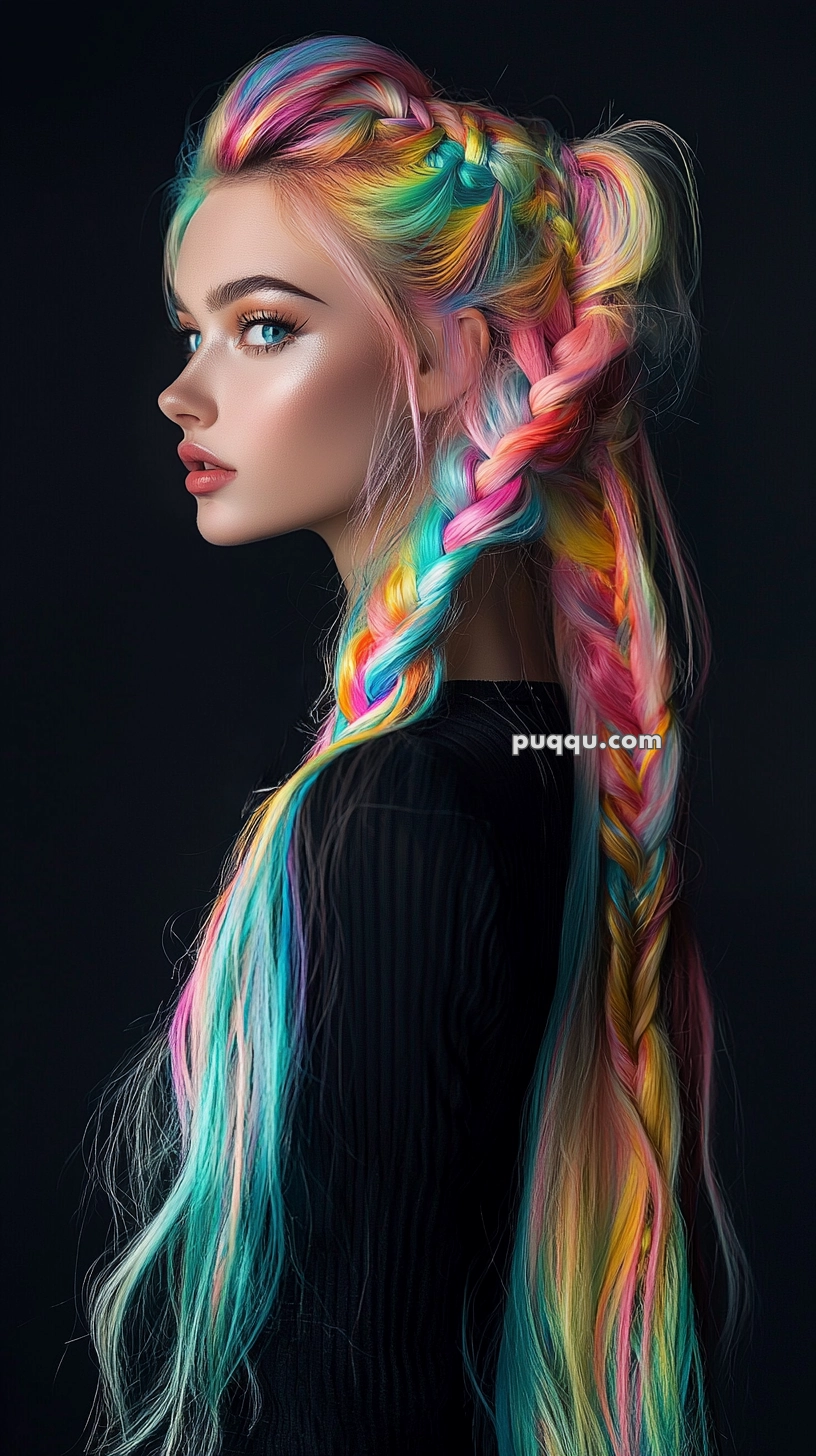 A person with long, vibrantly colored rainbow hair styled in braids, wearing a black top, against a dark background.