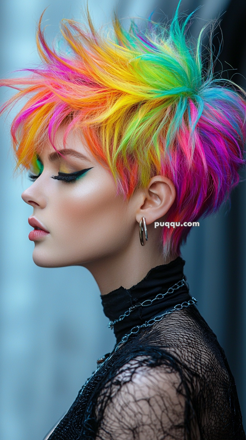 A person with a vibrant rainbow-colored short hairstyle, featuring hues of pink, orange, yellow, green, and blue, wearing a black choker with metallic accents, and hoop earrings.
