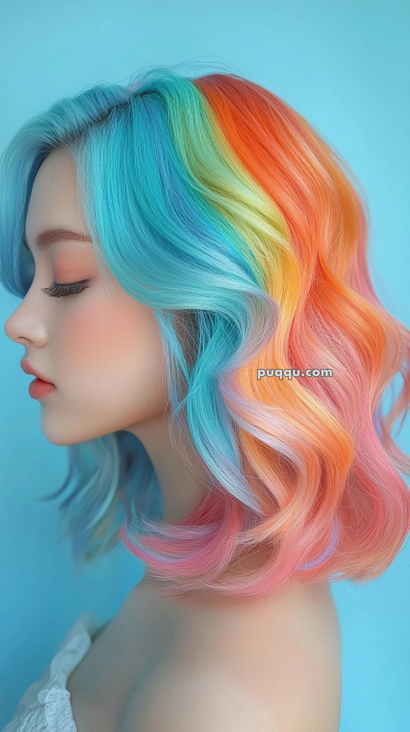 A person with vibrant, rainbow-colored hair featuring shades of blue, green, yellow, orange, and pink, styled in soft waves against a turquoise background.