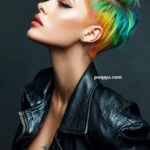 Person with short, spiky rainbow-colored hair wearing a black leather jacket, viewed from the side against a dark background.