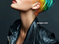 Person with short, spiky rainbow-colored hair wearing a black leather jacket, viewed from the side against a dark background.