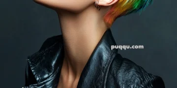 Person with short, spiky rainbow-colored hair wearing a black leather jacket, viewed from the side against a dark background.