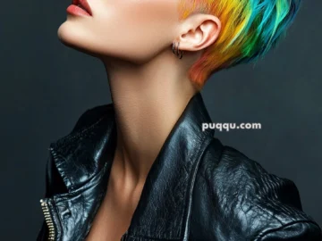 Person with short, spiky rainbow-colored hair wearing a black leather jacket, viewed from the side against a dark background.