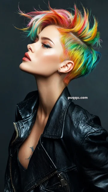 Person with short, spiky rainbow-colored hair wearing a black leather jacket, viewed from the side against a dark background.