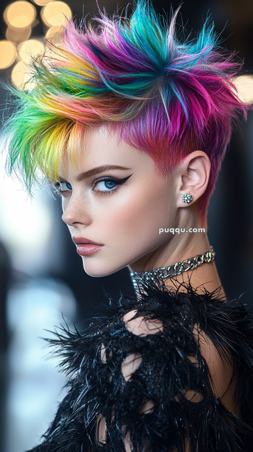 A person with short, spiked, rainbow-colored hair, wearing diamond stud earrings and a black feathered outfit, looking over their shoulder.