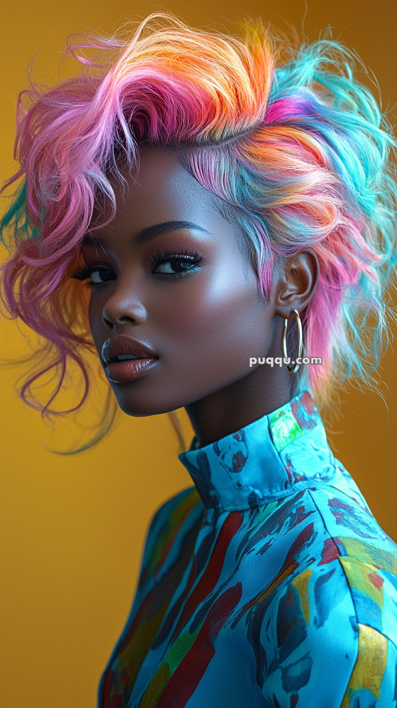 A person with vibrant, multicolored hair in shades of pink, blue, and yellow, wearing a patterned blue high-neck top, against a yellow background.