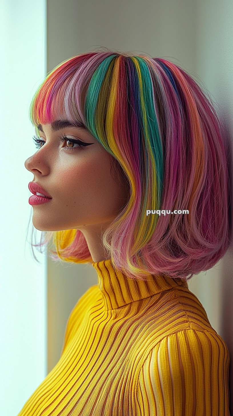 A person with brightly colored rainbow hair, featuring shades of pink, blue, yellow, and green, wearing a yellow striped top.