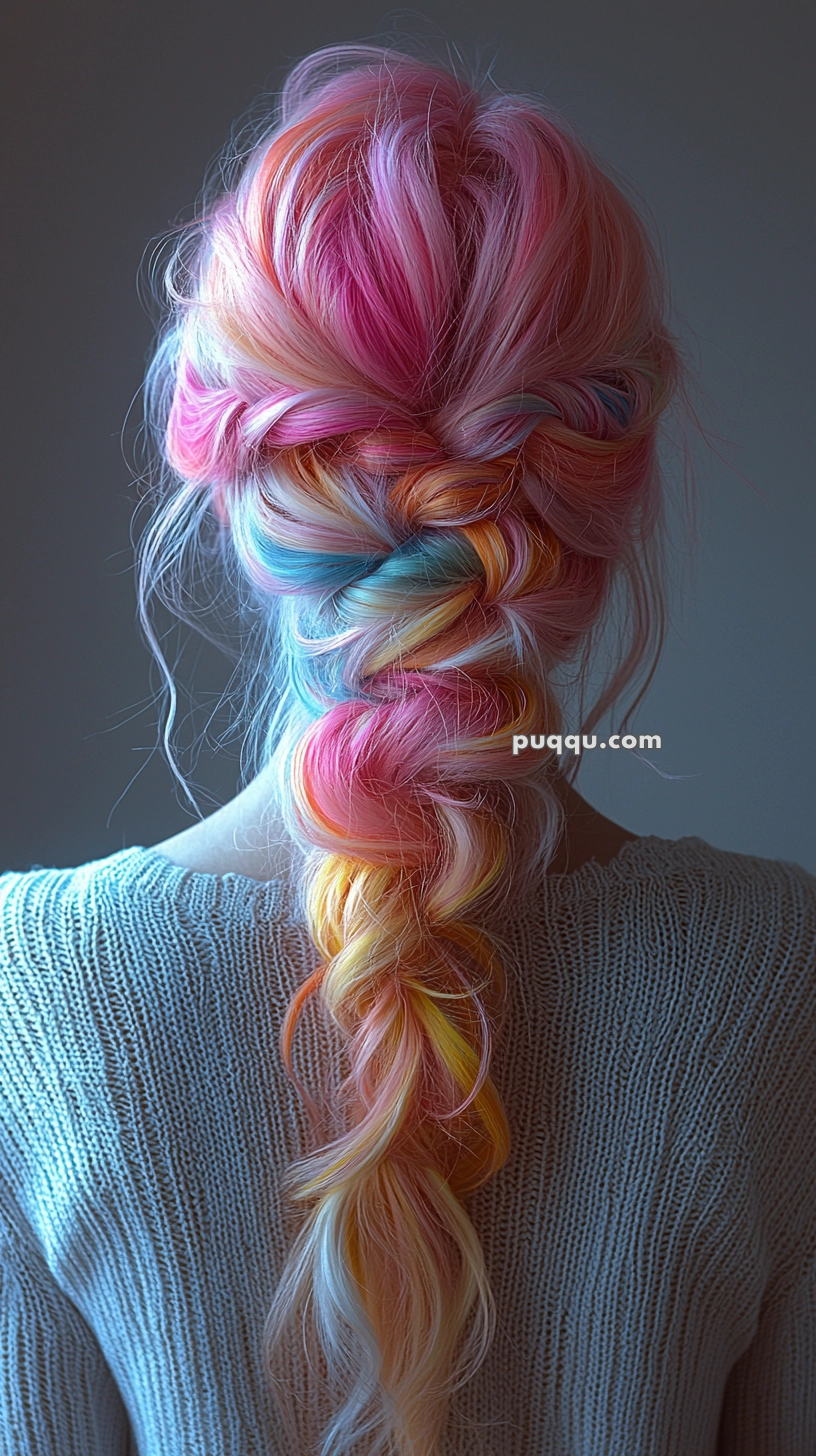 A person with a long, colorful braid featuring shades of pink, blue, and yellow, wearing a knitted gray sweater.